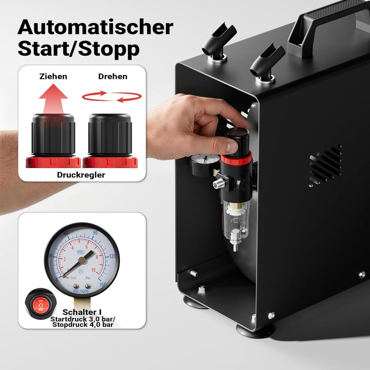 Airbrush Kompressor AS196A mit Lufttank 2 Zylinder Kolben 6 bar 2 Stufenschalter