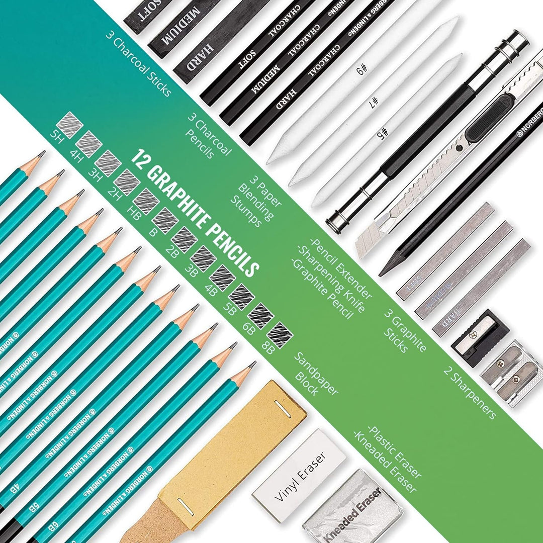 XL Zeichen-Set | Skizzen-, Graphit- und Kohlestifte | Enthält 100-Seiten-Zeichenblock, mit Geknetete