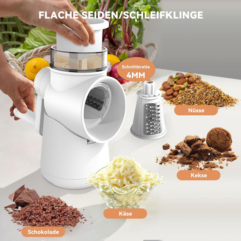 KitchenBoss Gemüseschneider Manuell,Mandoline Gemüsehobel:Käsereibe,Trommelreibe 3 in 1,Geeignet für