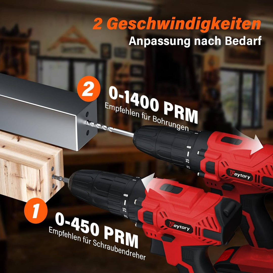 21V Akku Bohrschrauber Set，Akkuschrauber, mit 2 Akkus 1.5Ah,25+1 Drehmomentstufen, Akkubohrer 45Nm D
