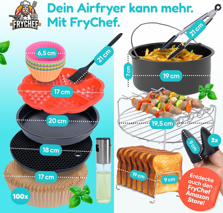 Heissluftfritteuse Zubehör, Airfryer Zubehör, 18 Teile Set. Mit Backform, 100 x Backpapier, Ölsprühe