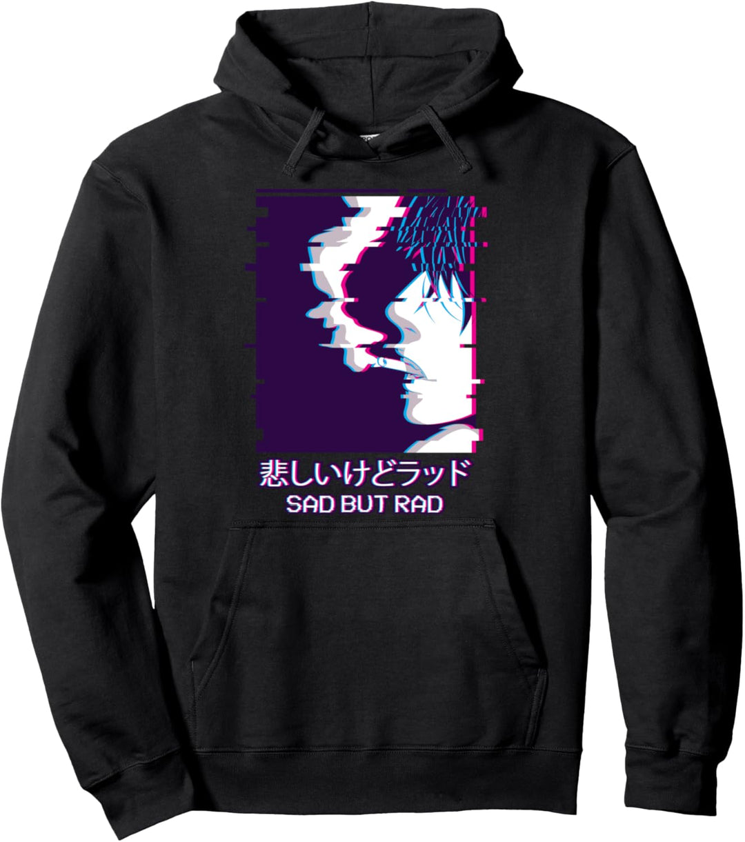 Sad But Rad - Smoking Anime Boy Japanese Aesthetic Glitch Pullover Hoodie