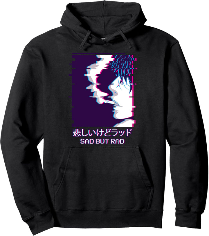 Sad But Rad - Smoking Anime Boy Japanese Aesthetic Glitch Pullover Hoodie
