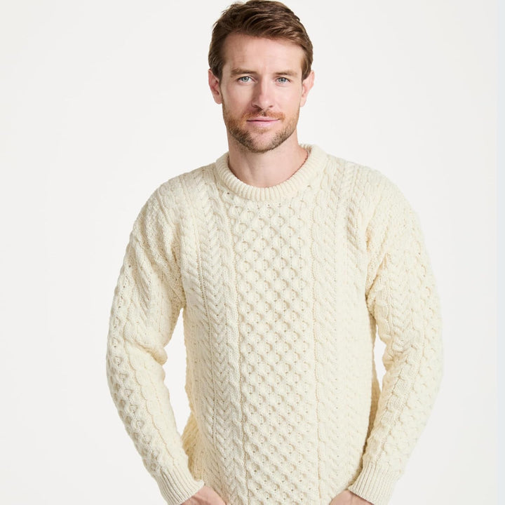 Aran-Pullover, 100% reine Wolle, Oatmeal L Wollweiss, L Wollweiss