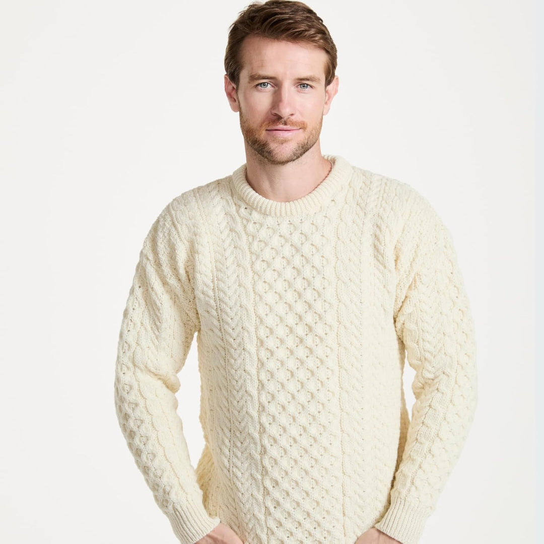 Aran-Pullover, 100% reine Wolle, Oatmeal XL Wollweiss, XL Wollwei&amp;