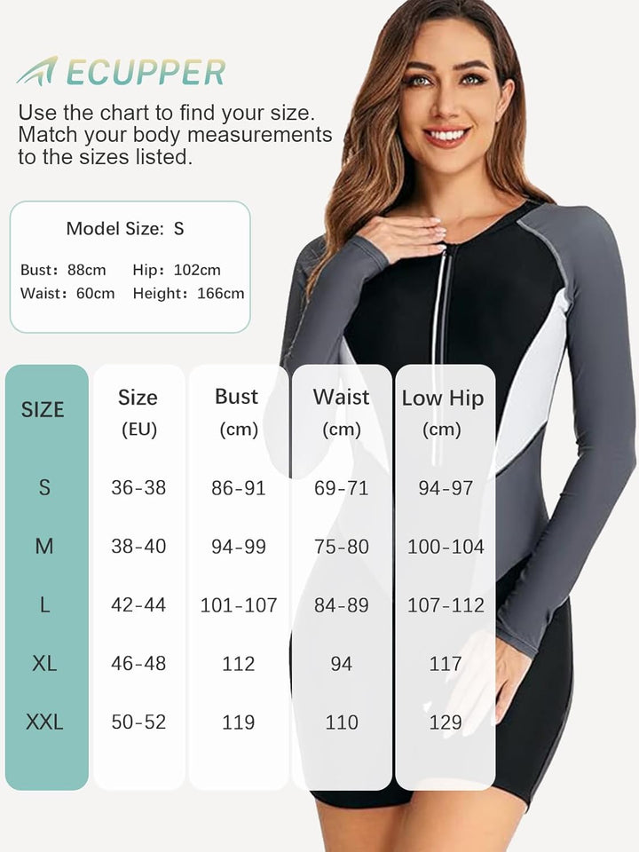 Ecupper Damen Badeanzug Einteiler Rash Guard Zip Up Lange Ärmel Surfen Bademode Gebaut in BH Badeanz