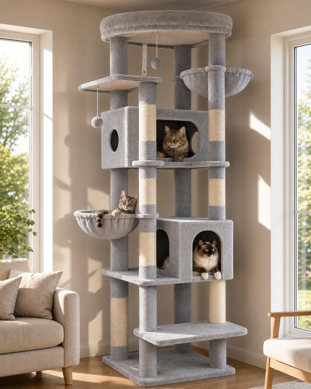 Globlazer Kratzbaum Grosse hoch 188 cm mit 2 Grosser Katzenhaus, Gepolsterte Plattform, 2 Katzenkorb