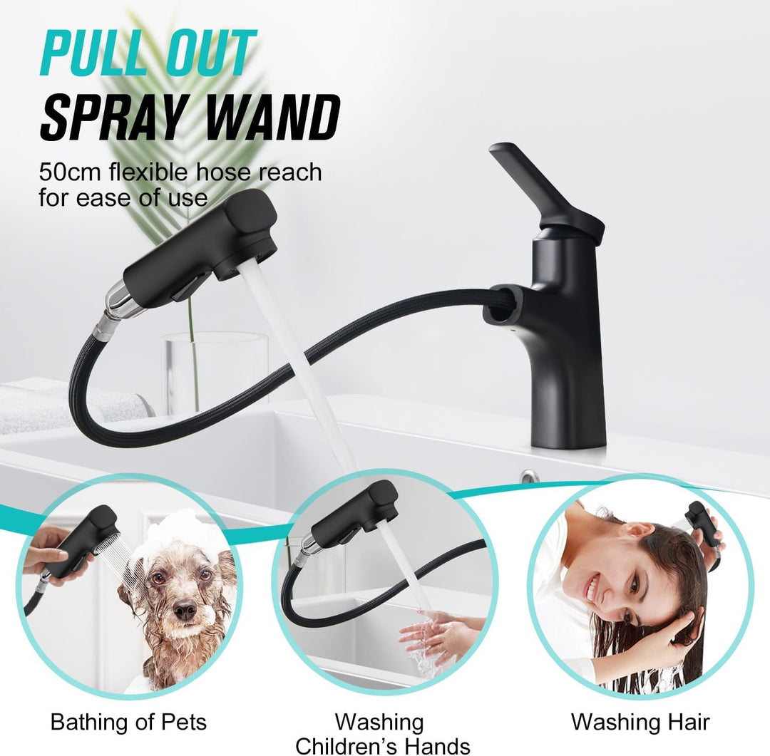 CREA Modern Waschtischarmatur Badezimmer mit 2 Wasserstrahlarten Brause ausziehbar, Einhebelmischer