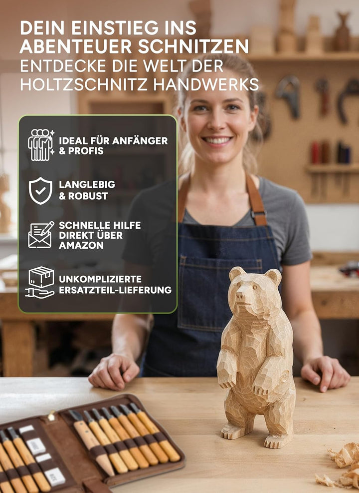 HOLZHELD Schnitzwerkzeug -Set (16-teilig) in hochwertig verarb. Ledertasche. Schnitzset mit hochwert