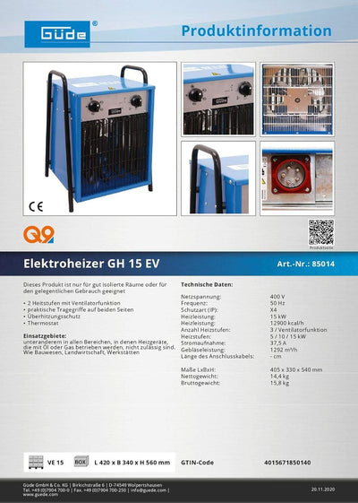 Güde 85014 Elektroheizer GH 15 EV, 15 kW, 400 V, Schwarz Single, Single