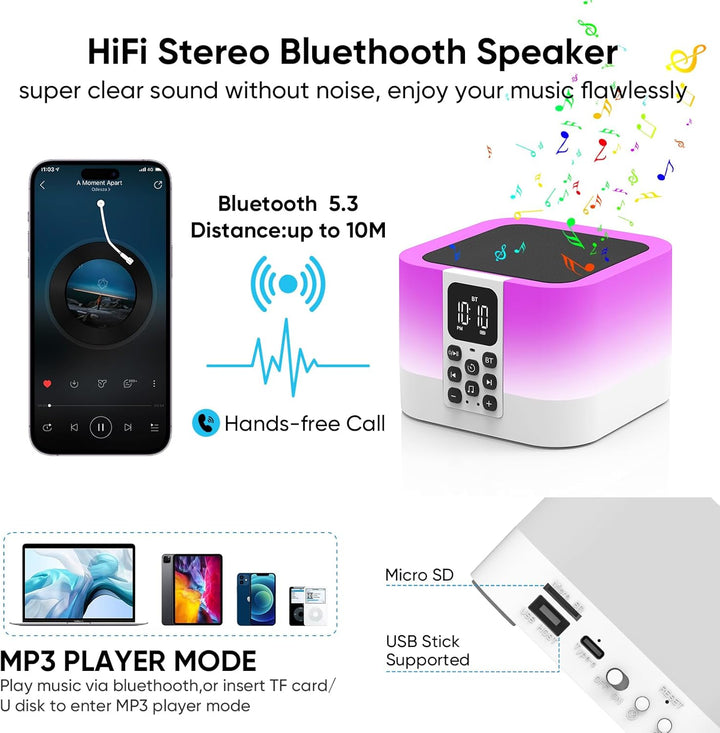 Bluetooth Lautsprecher mit Nachttischlampe Touch Dimmbar, Wecker Digital, White Noise Machine Baby &