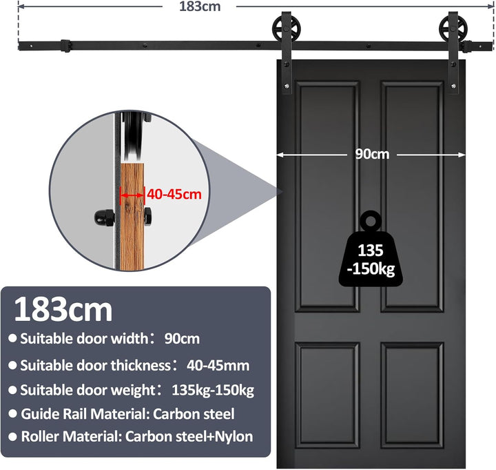 Schiebetürbeschlag Komplettset - Schiebetürsystem für Holz- und Falttüren - 183cm Schwarz - Grosse L