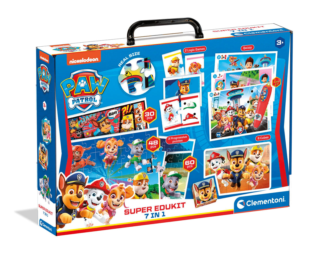 CLEMENTONI - 18112 – Super Edukit 7 in 1 – Paw Patrol (3 Puzzles von 30, 48 und 60 Stück, 6 Würfel,