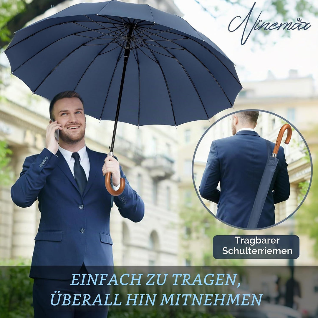 NINEMAX Regenschirm Stockschirm Sturmfest für Herren Damen, Grosser Regenschirm Holzgriff, Classic S