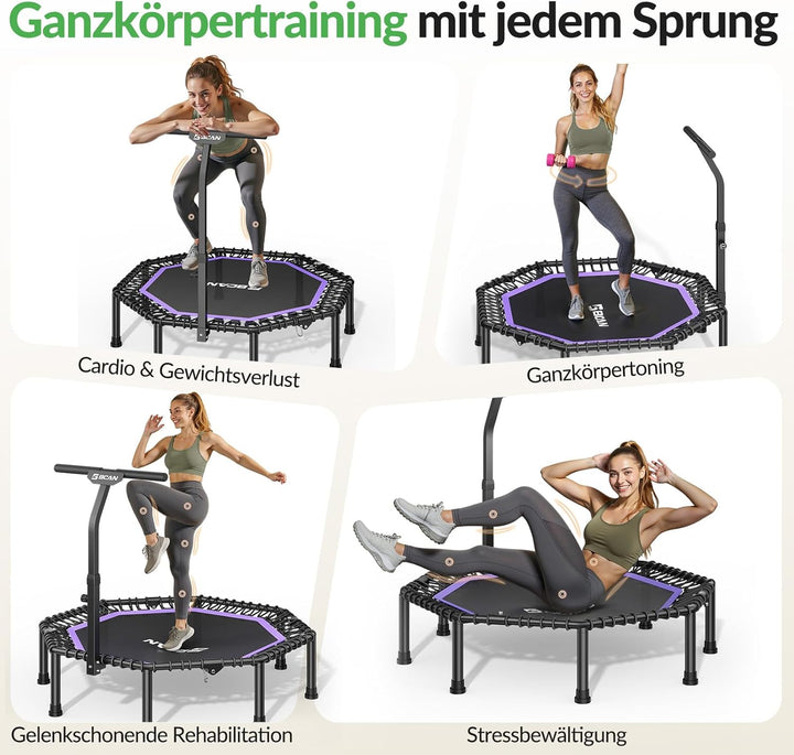 BCAN Achteckiges Indoor-Fitness-Trampolin, 130cm, Trampolin für Erwachsene bis 205 kg, mit verstellb