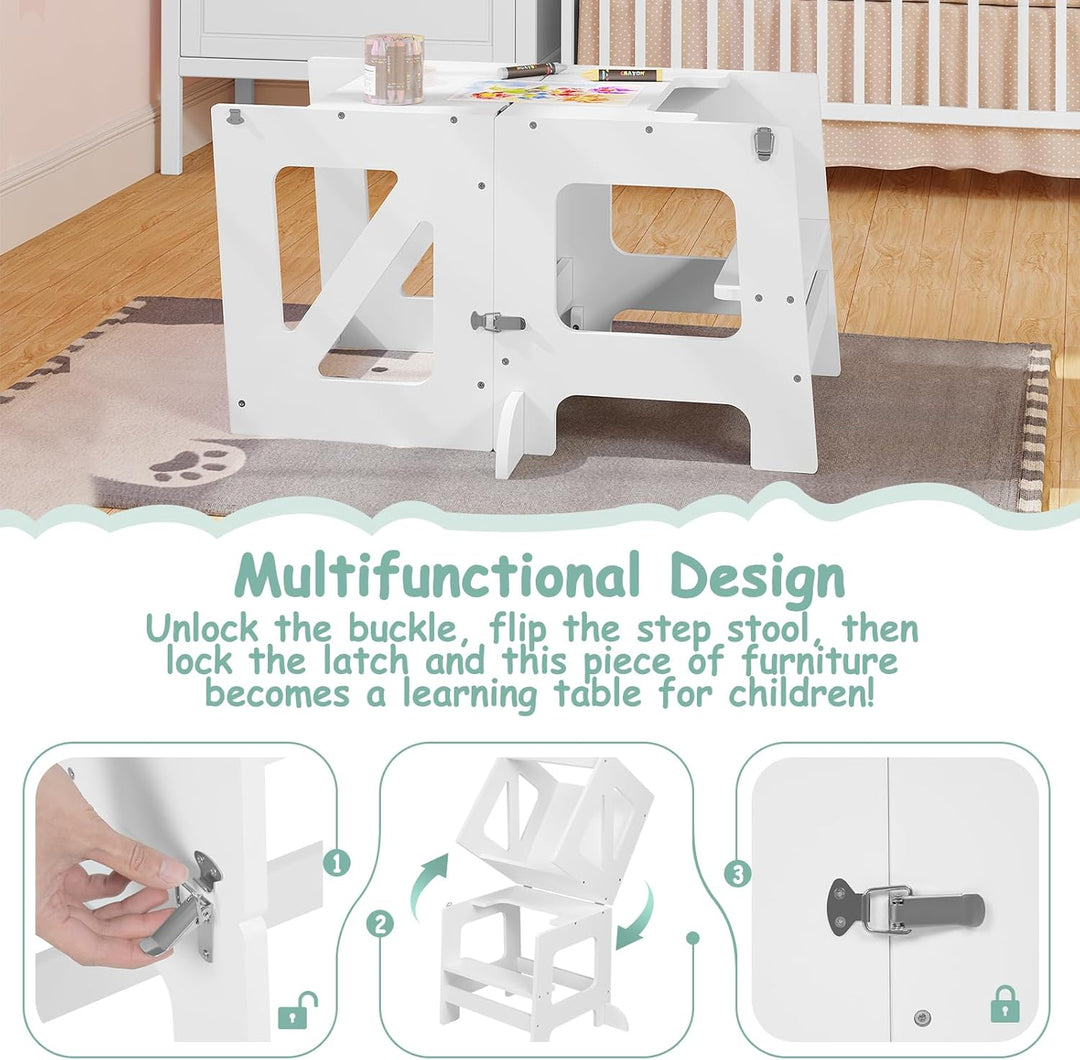 WOLTU Lernturm 3 in 1, Tritthocker Kinderhocker Kindertisch Tafel, Montessori Lernturm für Kinder, K