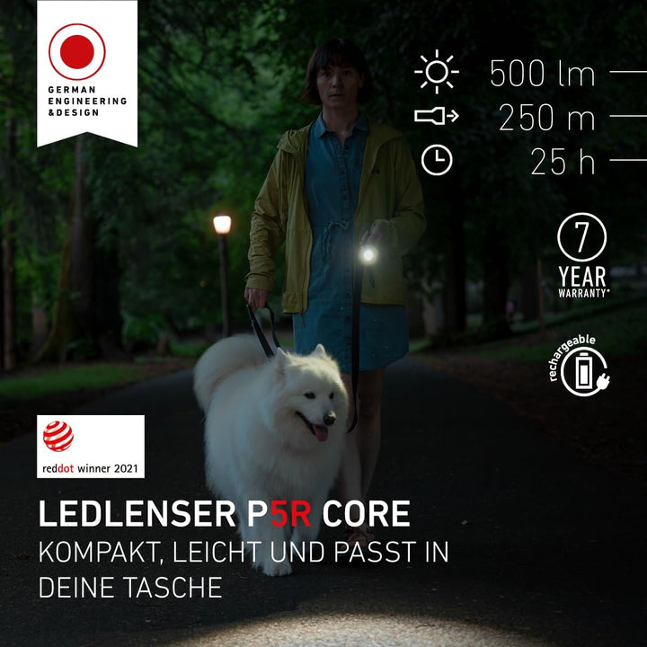 Ledlenser P5R Core kompakte Taschenlampe LED, 500 Lumen, aufladbar mit 14500 Lithium Akku, wasserdic