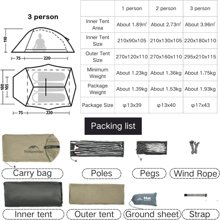 Naturehike Cloud Up Pro Zelt, 2024 Upgrade, ultraleichte Zelte, 1,75 kg (Alles Zubehör im Lieferumfa
