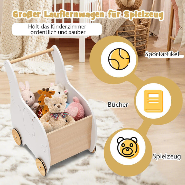 GOPLUS Kinder Lauflernwagen mit Spielzeugkiste, Baby Elefant Lauflernhilfe aus Holz mit rutschfesten