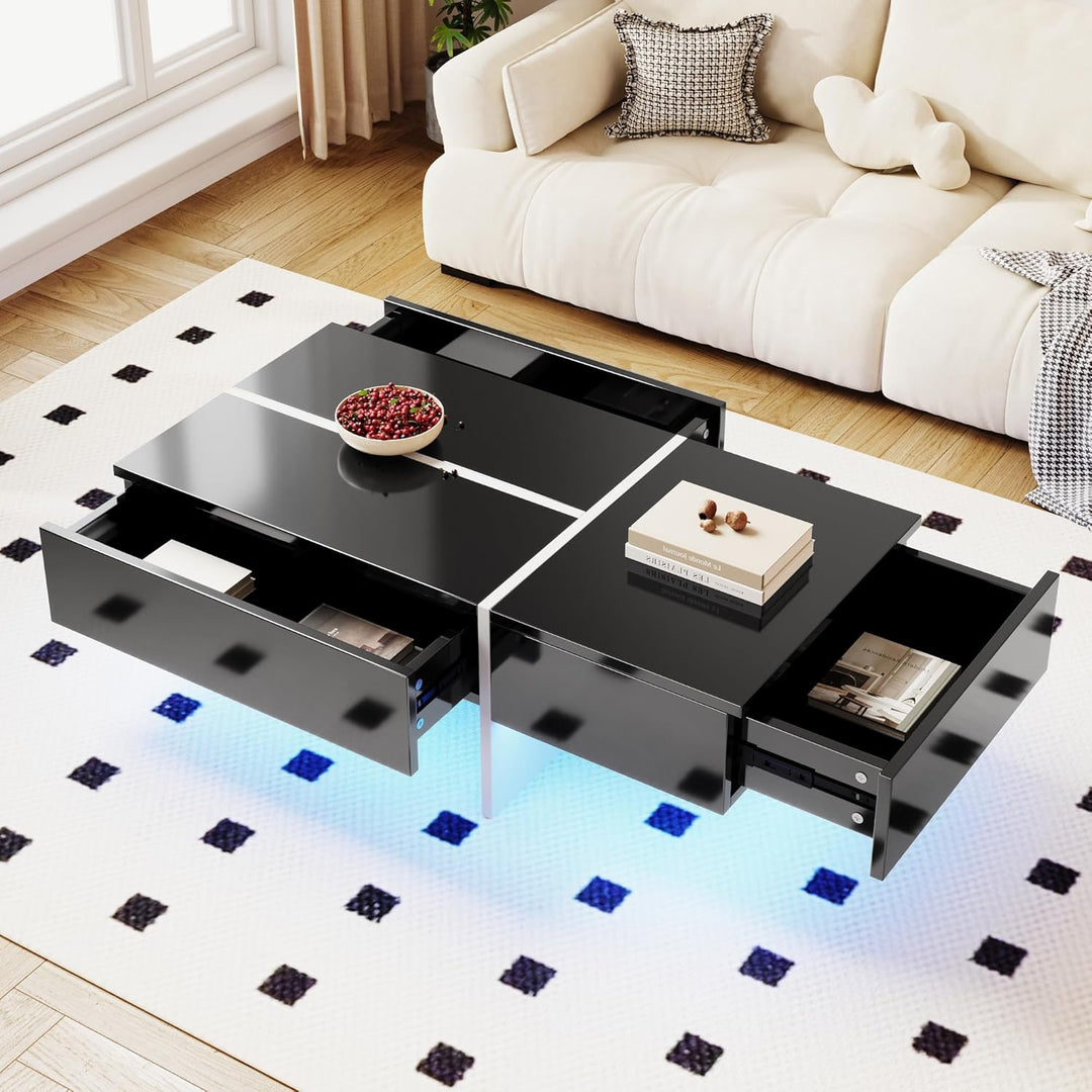 Merax Moderner LED Couchtisch, Wohnzimmertisch mit 3 Schubladen, Hochglänzender Couchtisch, schwarz-