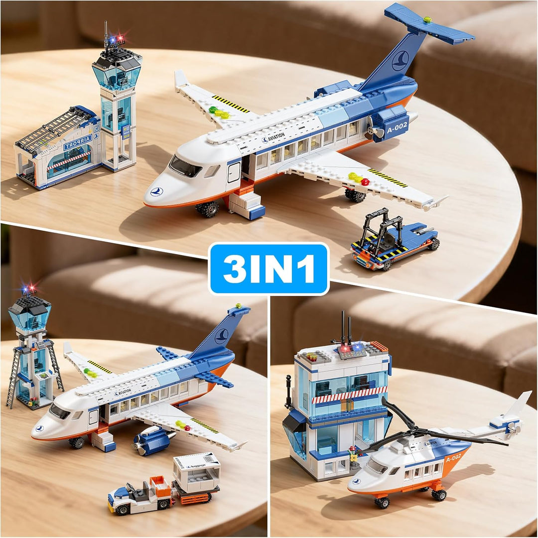 GuKKK City Passagierflugzeug Baukasten Set, 3 IN 1 Flugzeug Baukasten 744 PCS mit Terminal, Anhänger