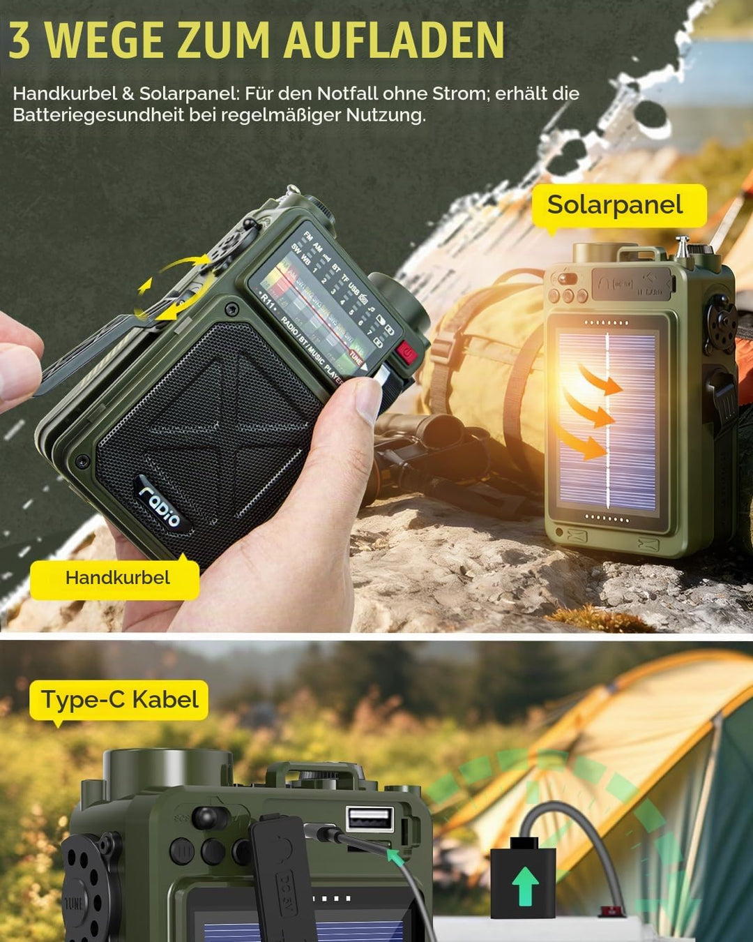 NOAA Wetterradio – 4000 mAh AM/FM/WB/SW Notfall-Radio mit Bluetooth, Taschenlampe, SOS-Alarm, Stromv
