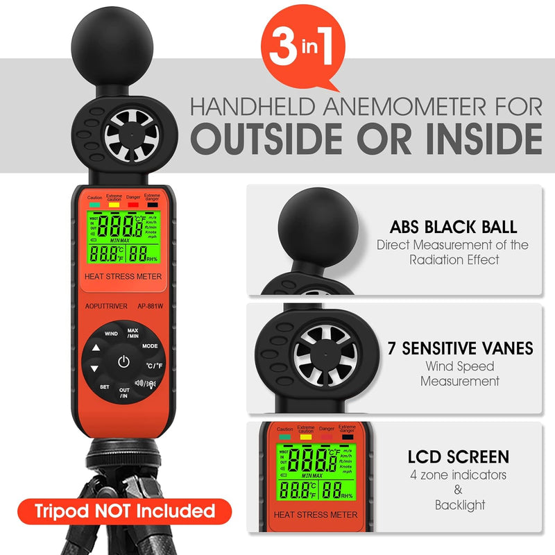 AOPUTTRIVER Windmesser Windmessgerät AP-881W, Hand-Anemometer mit Windgeschwindigkeit/Temperatur/Luf