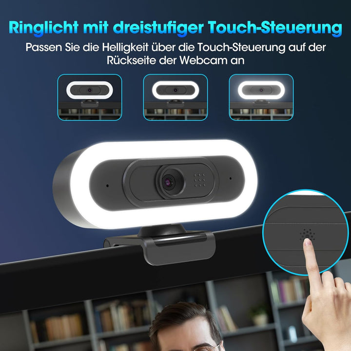 ToLuLu Streaming Webcam 2K 50FPS Web Cam, LED RGB Webcam mit Mikrofon und Licht, Autofokus Computer