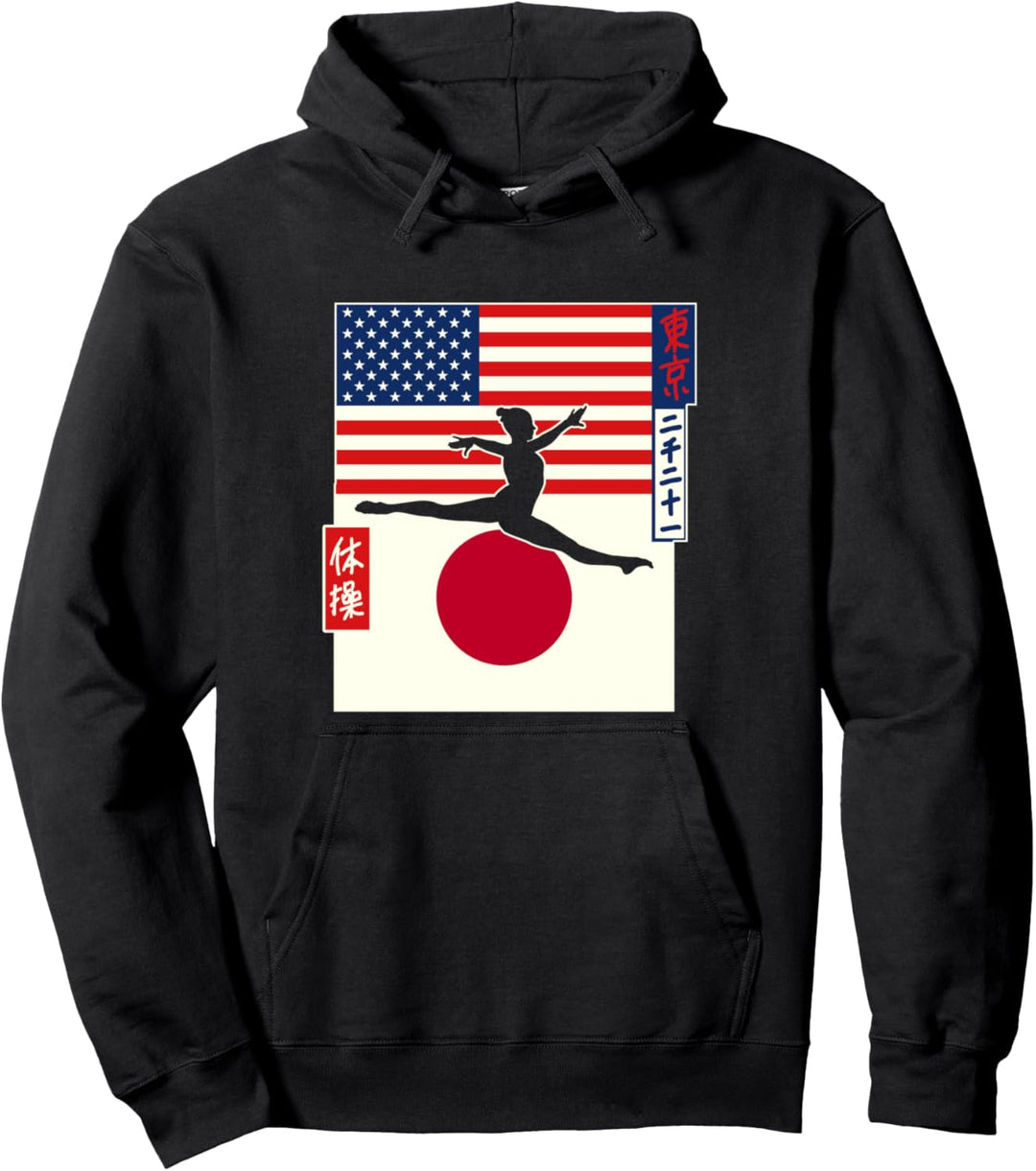 Gymnastiksprung USA & Japan Flagge Kanji Japanisches Pullover Hoodie