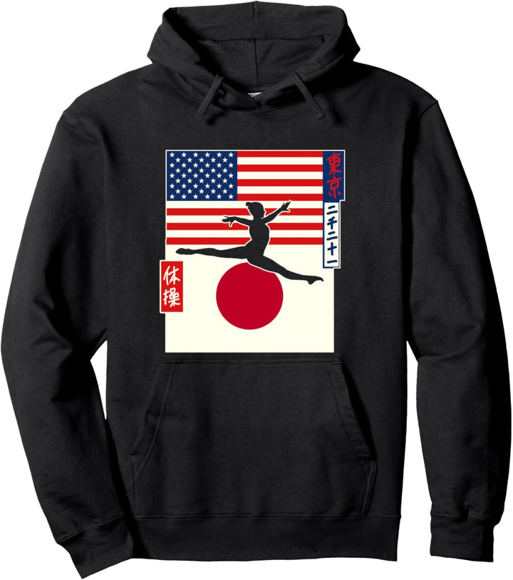 Gymnastiksprung USA & Japan Flagge Kanji Japanisches Pullover Hoodie
