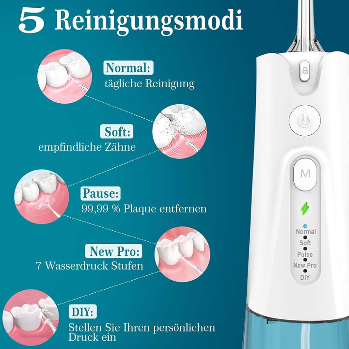 SURFOU Munddusche Kabellos Mundduschen 230ML 5 Modi 7 Düsen, Mundduschen Reise Water Flosser IPX7 Wa