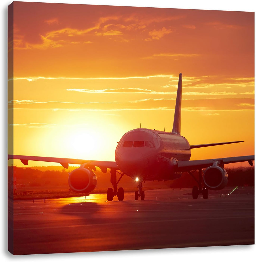 Pixxprint Flugzeug im Sonnenuntergang 70x70cm Leinwandbild Wandbild Kunstdruck, 70x70