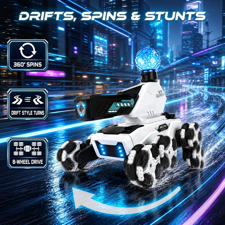 RC Stunt Roboterauto für Kinder, 8-Rad Mecha, 360 Drift, LED &amp; Nebel (Weiss) | Drift-Kurven, 360°-Dr