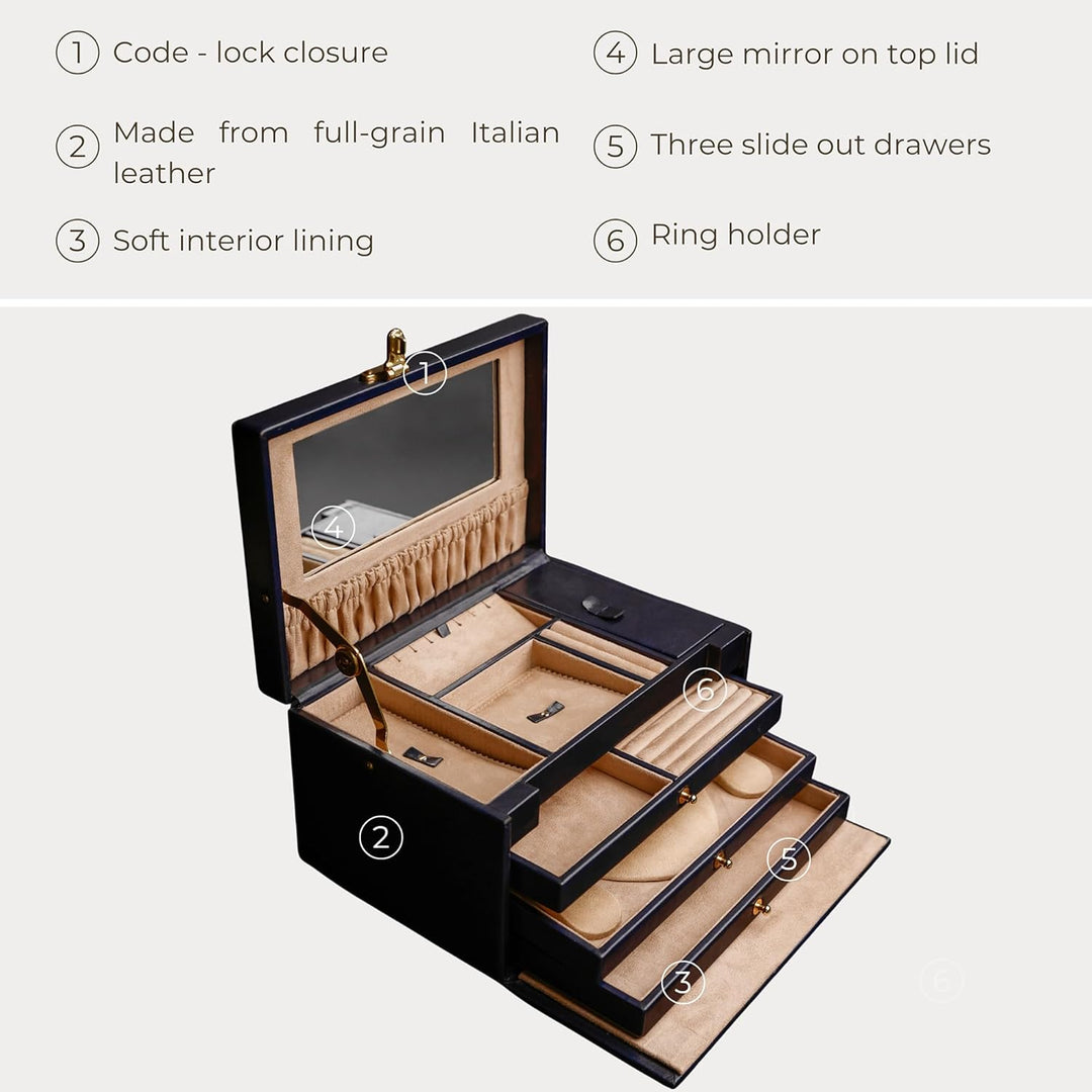 Time Resistance Marineblau Leder-Schmuckkästchen Vollnarbenleder Schmuck Organizer Aufbewahrung von