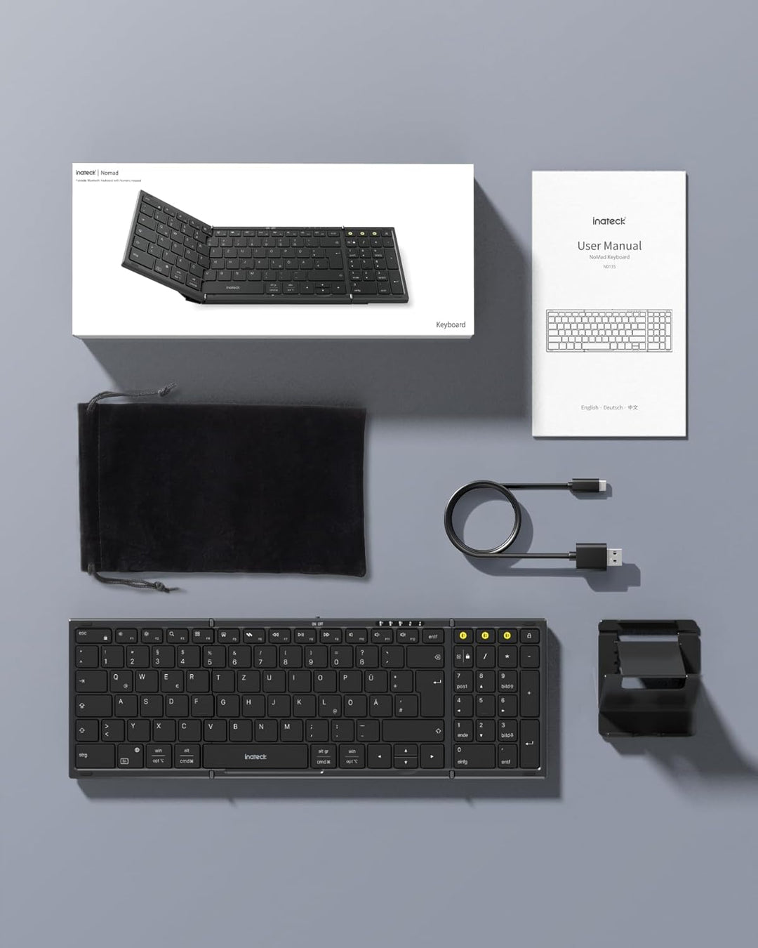 Inateck Faltbare Tastatur Kabellos,Klappbare Tastatur mit Ziffernblock mit 3 Kanälen,AI-Key,mit Stän