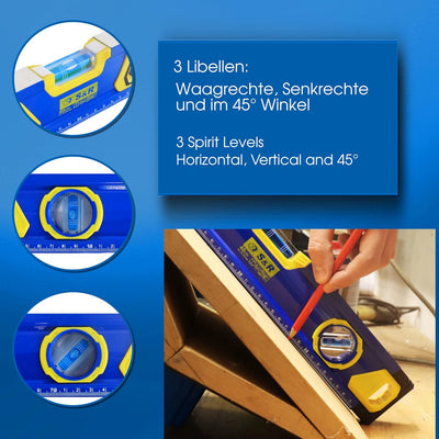 S&R Aluminium Wasserwaage - magnetisch mit 3 stossfesten Libellen: Waagerechte/Senkrechte / 45 Grad,