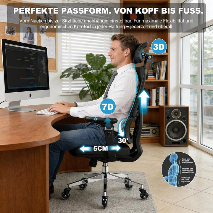 MELOKEA Bürostuhl Ergonomisch 200KG | 7D-Armlehnen | 6P Verstellbare Rückenlehne | Leises Gummirolle