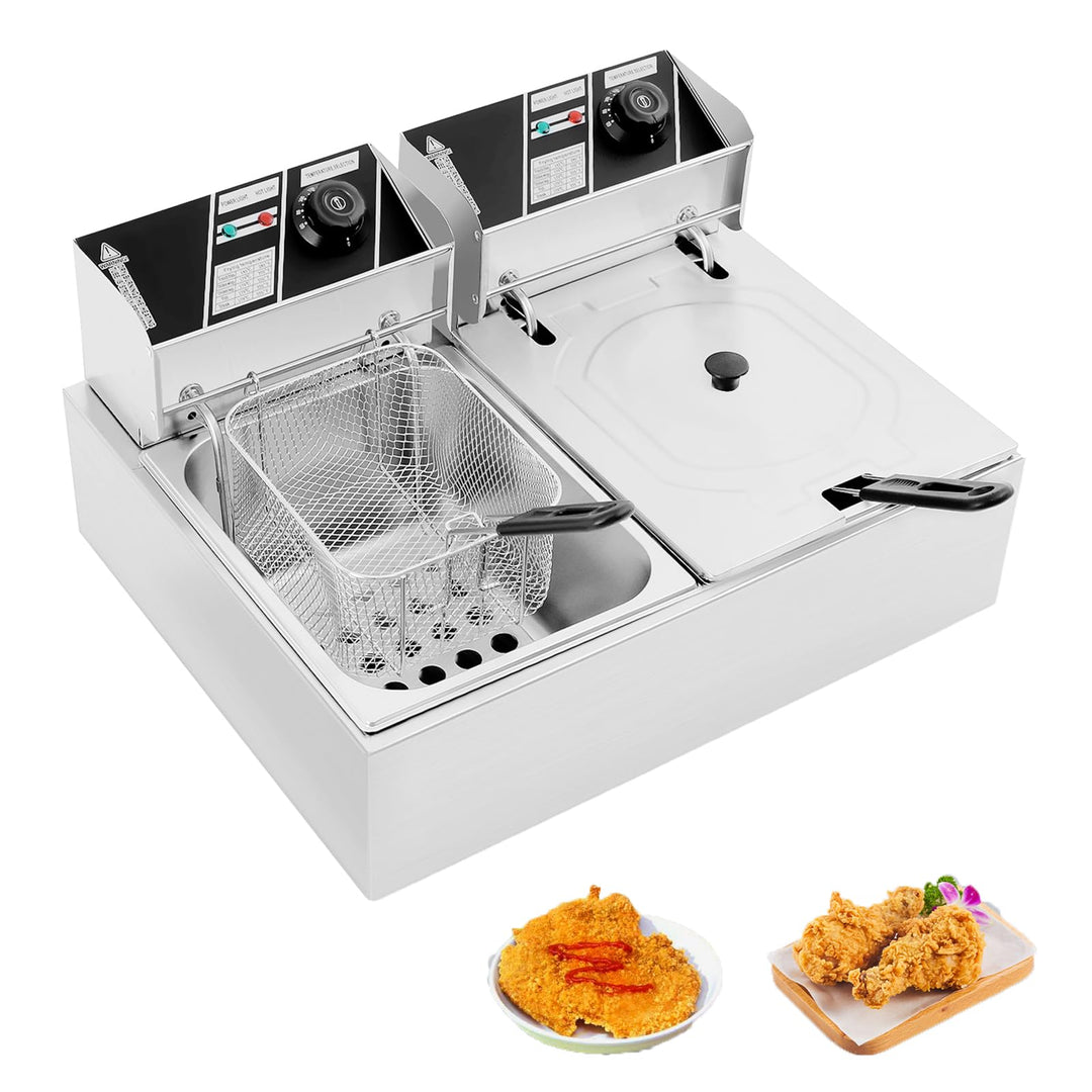 Kommerzielle Fritteuse Doppeltanks Fett mit 2x6L Körben und Deckel, Elektrische Fritteuse Temperatur
