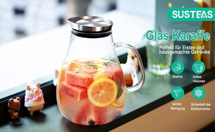SUSTEAS 2 Liter 70 Unzen Glas Karaffe Krug mit Deckel und Auslauf, Wasserkaraffe, Eistee Krug, Saft