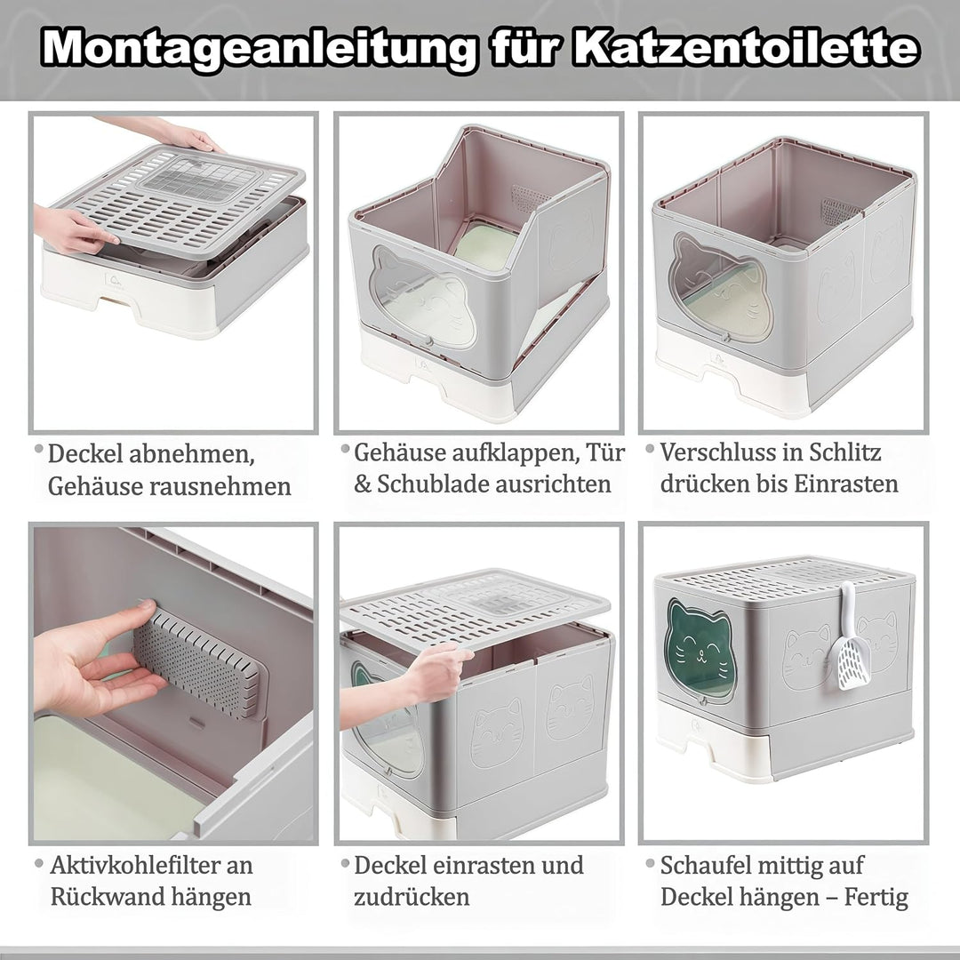 Vollständig Geschlossene Geruchsfreie Katzentoilette mit Dach, Grosse Faltbare Katzenklo mit Schubla