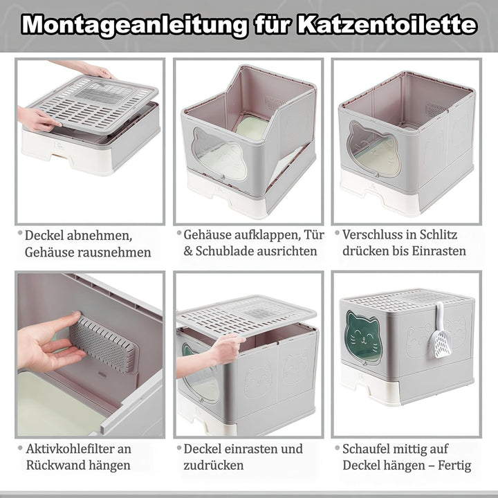 Vollständig Geschlossene Geruchsfreie Katzentoilette mit Dach, Grosse Faltbare Katzenklo mit Schubla