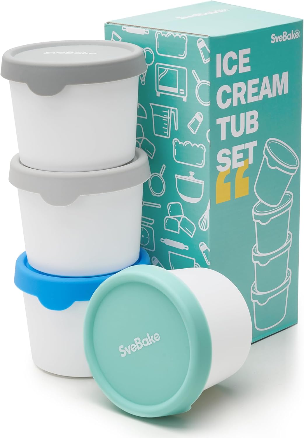 SveBake Eisbehälter für Speiseeis 400 ml, 4er-Set mit Silikon-Deckel – Eiswürfelbehälter zum Einfrie
