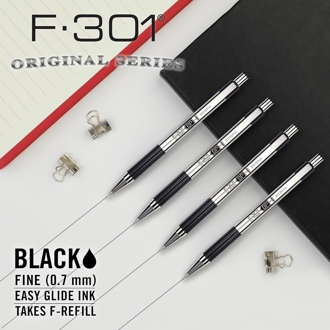Zebra F-301 Ballpoint Stainless Steel Retractable Pen, Fine Point, 0.7mm, Black Ink, 4-Count (Packag