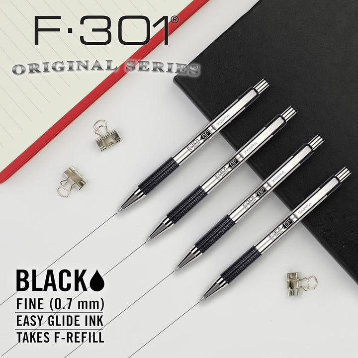 Zebra F-301 Ballpoint Stainless Steel Retractable Pen, Fine Point, 0.7mm, Black Ink, 4-Count (Packag