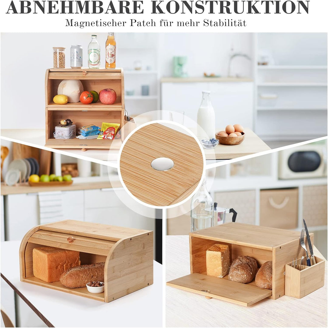 GUUSII HOME Brotkasten Holz Bambus Gross Retro Eco Brotbox Rolldeckel Doppellagig Stapelbar Brot Auf