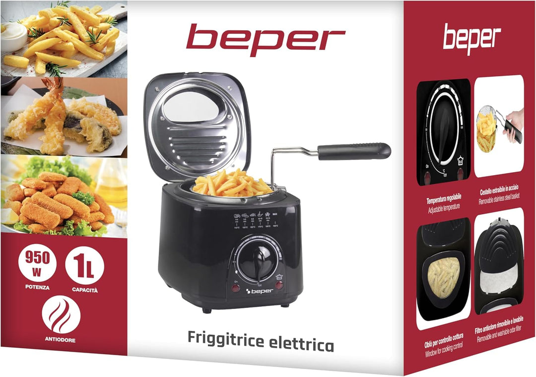 Beper P101FRI100 1 l elektrische Fritteuse, 950 W, herausnehmbarer Stahlkorb, Deckel mit Bullauge, w