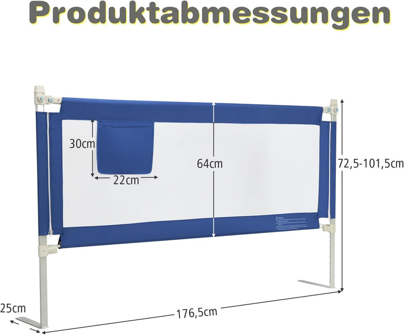 COSTWAY Bettgitter 175 cm, Bettschutzgitter abschliessbar mit 24 einstellbare Höhen & Seitentasche,