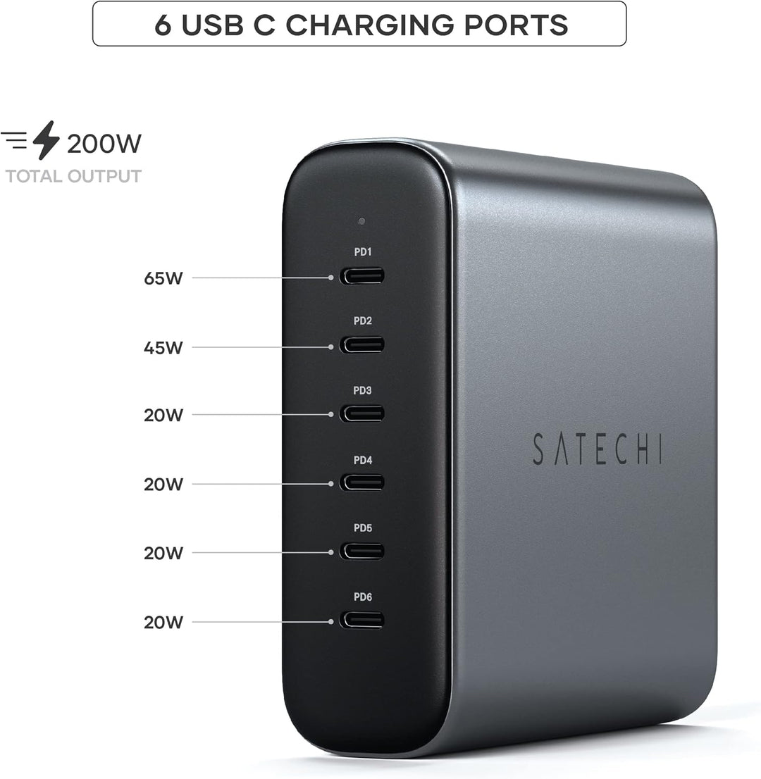 SATECHI GaN 200W USB-C Ladegerät mit 6 Anschlüssen – 2 x USB-C PD 3.1 (140W) und 4 x USB-C PD 3.0, S