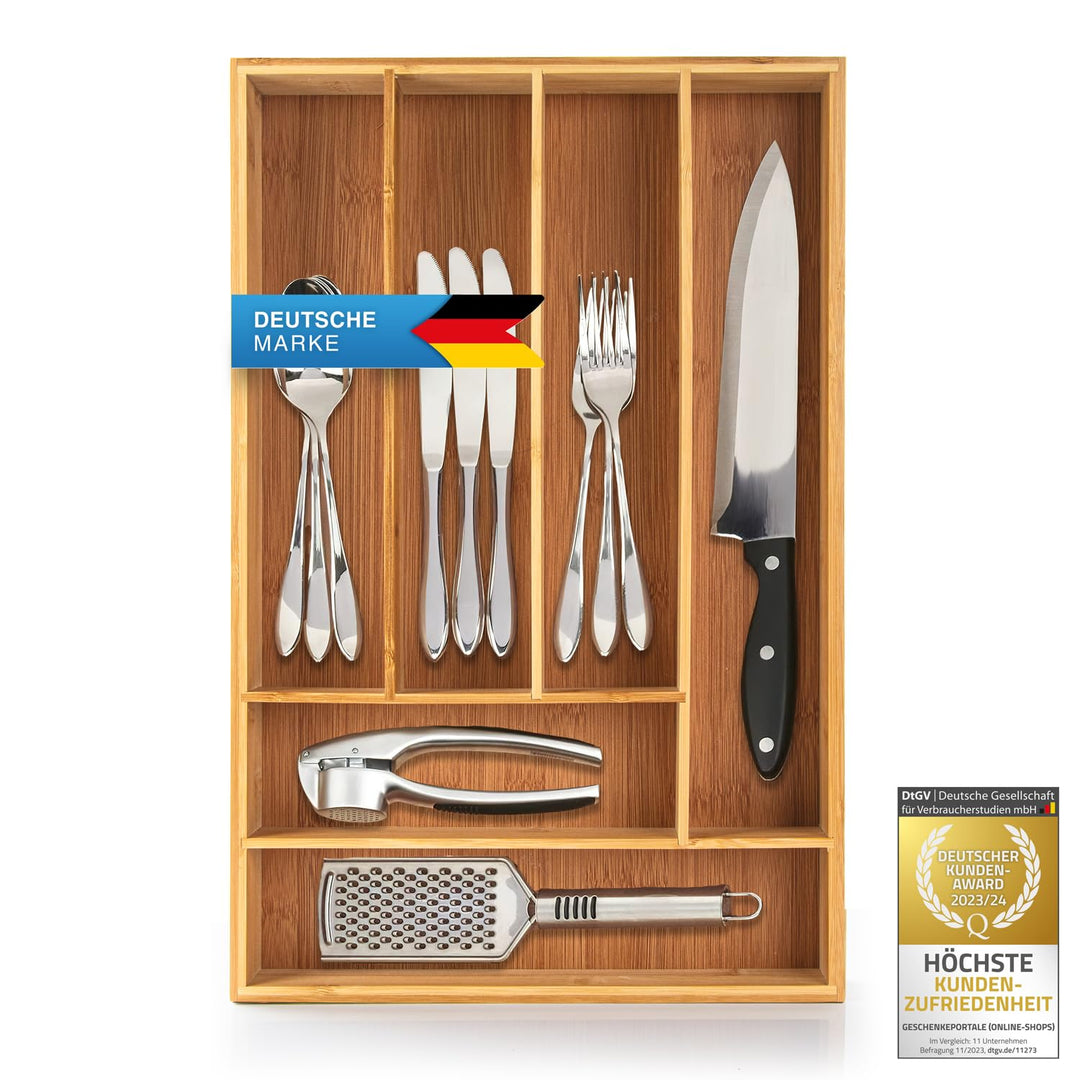 Dimono® Schubladeneinsatz Besteckeinsatz aus Bambus-Holz Schubladen; 7-9 Fächer Ordnungssystem Flexi