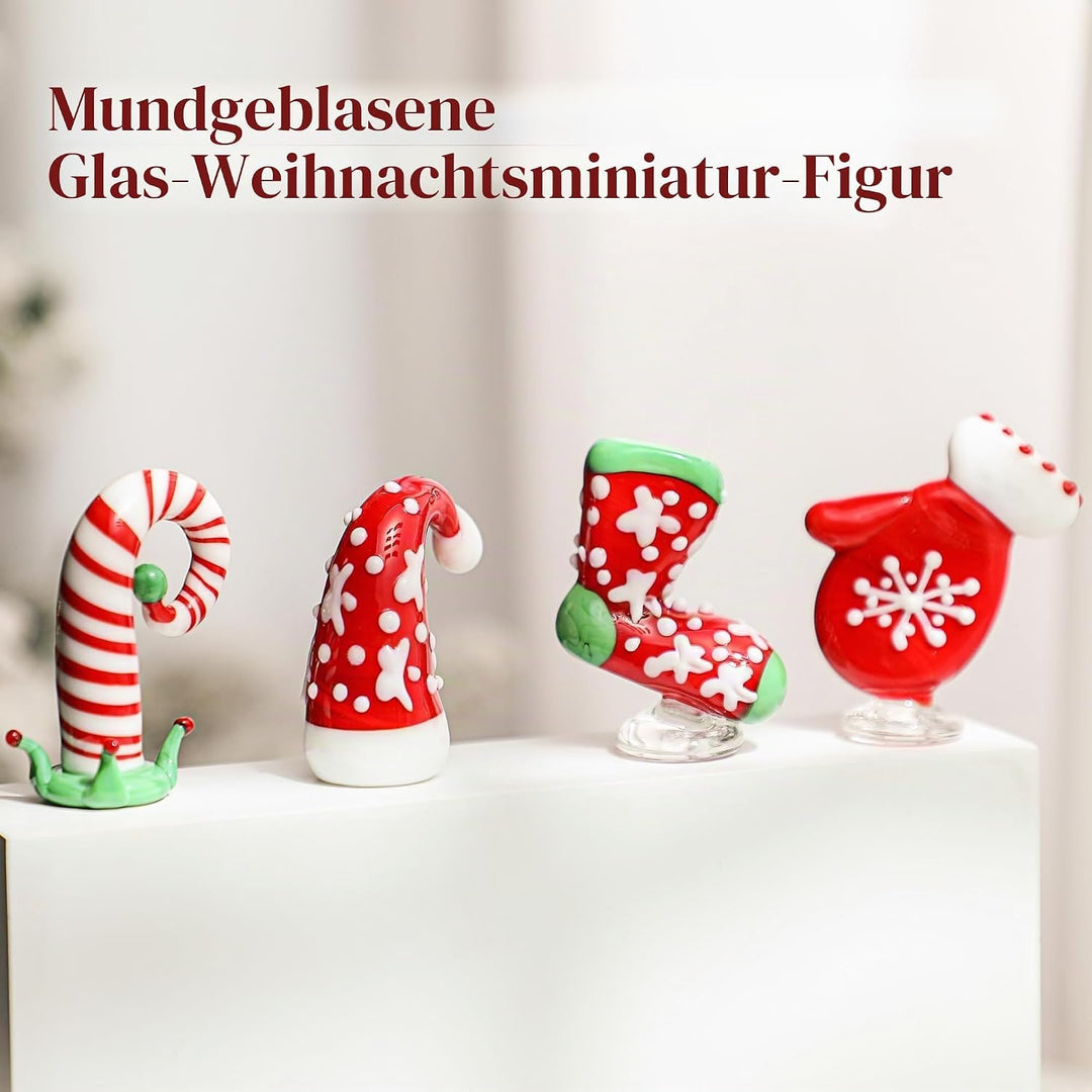 HDCRYSTALGIFTS Handgeblasene Glas-Weihnachtsfiguren, Ornamente, 4 Stück, Mini-Weihnachtsfiguren für